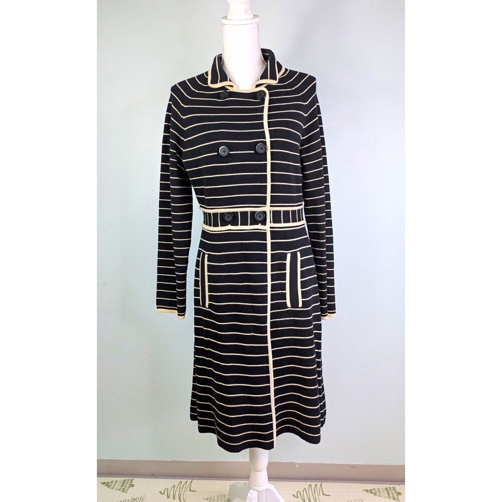 Tory Burch Black Striped Wool Cardigan Sweater Coat M Old Money Long Duster Knit